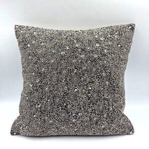 Ethan Allen Pillow Gray Silver Beaded Duck Fill Velvet Back 12" Luxury Glam